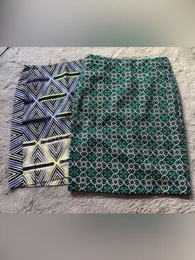2 Patterned Green and Blue Geometric Skirt size 4 great condition